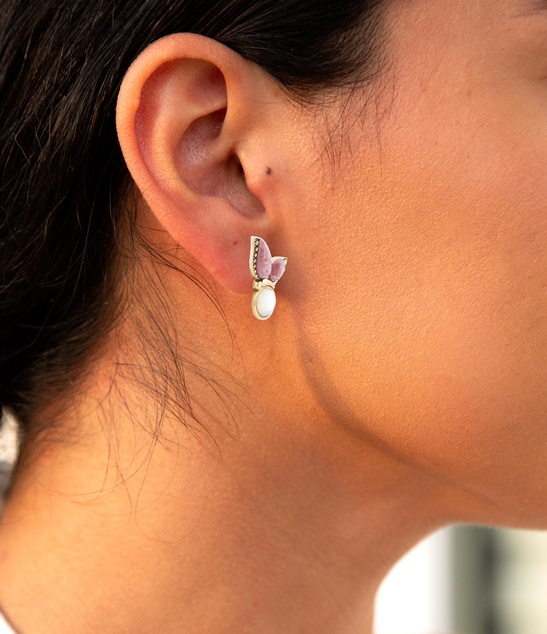 Pink Rhodonite and White Mother of Pearl Golden Butterflies Post Earrings