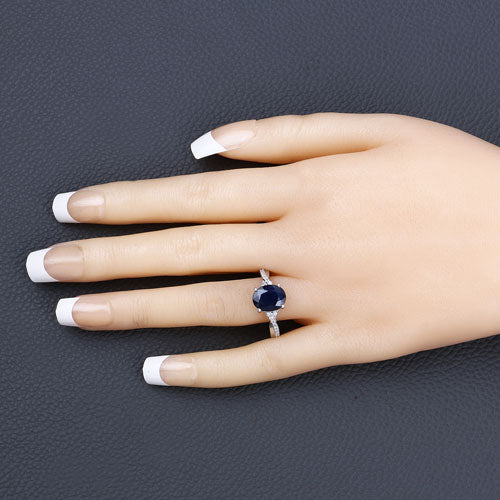 3.28 Carat Genuine Blue Sapphire and White Diamond 14K White Gold Ring