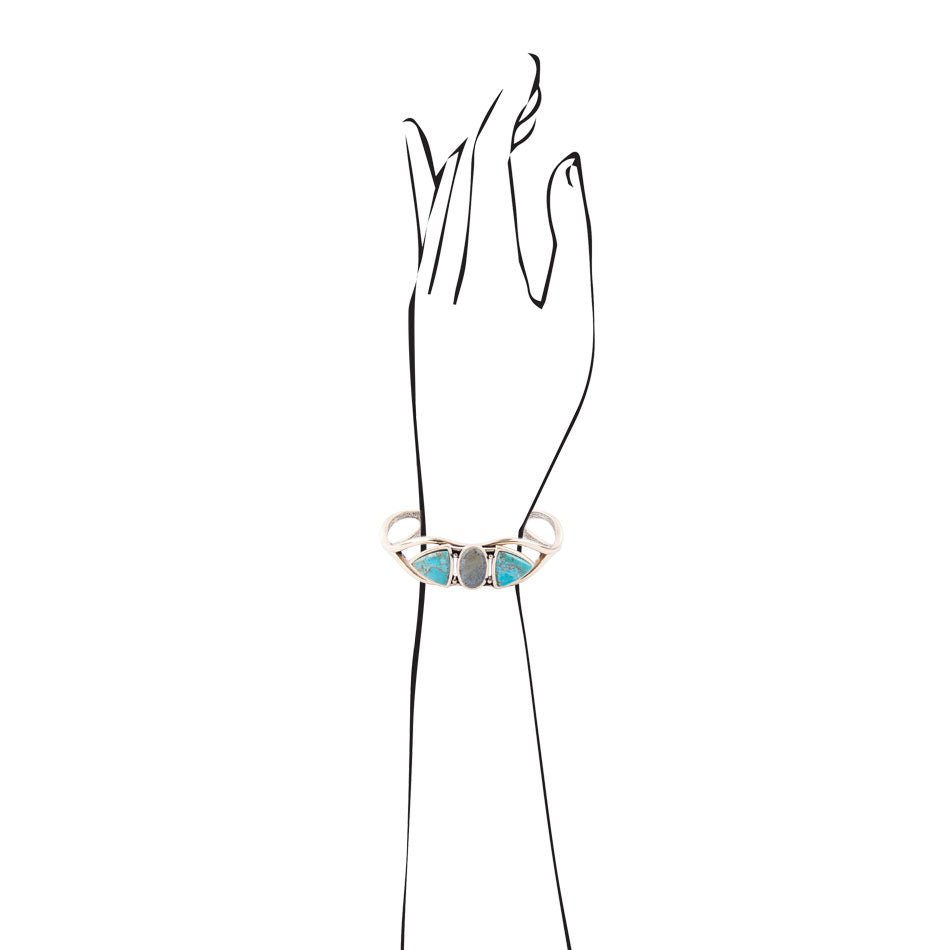 Gray Labradorite and Blue Turquoise Golden Cuff Bracelet