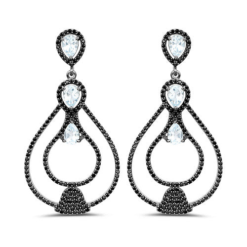 8.81 Carat Genuine Blue Topaz and Black Spinel .925 Sterling Silver Earrings