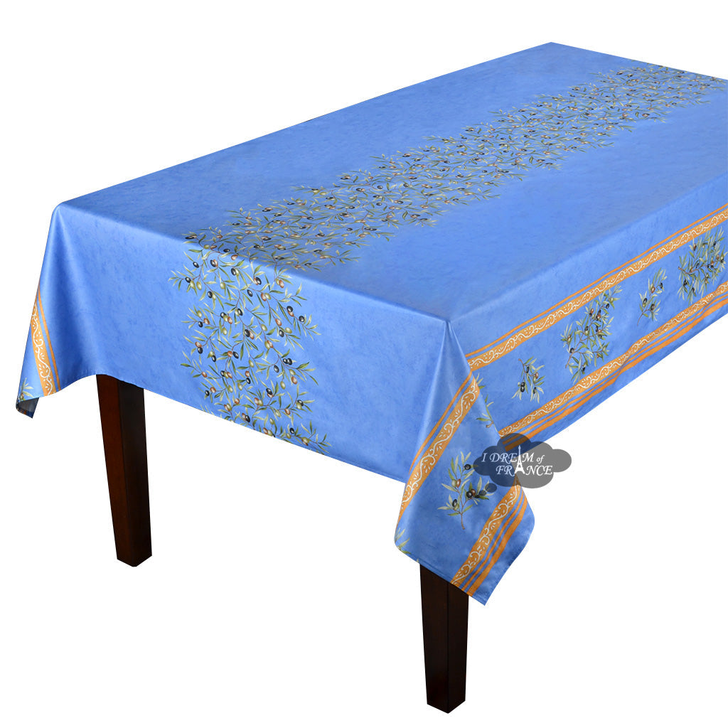 60" Square Clos des Oliviers Blue Acrylic-Coated Cotton Tablecloth by Label France