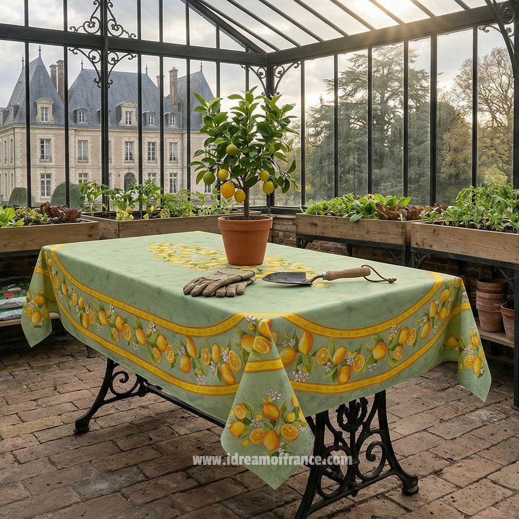 60x 96" Rectangular Lemons Green Acrylic-Coated Cotton Tablecloth by Tissus Toselli