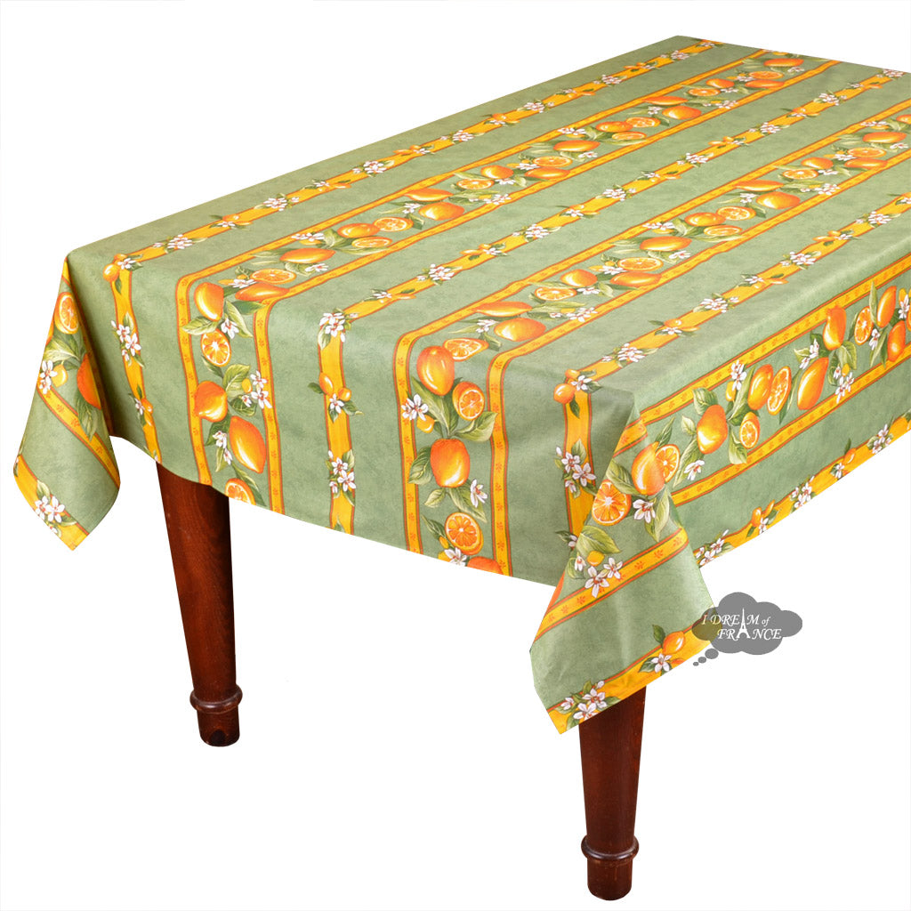 58" Square Lemons Green Acrylic-Coated Cotton Tablecloth by Tissus Toselli