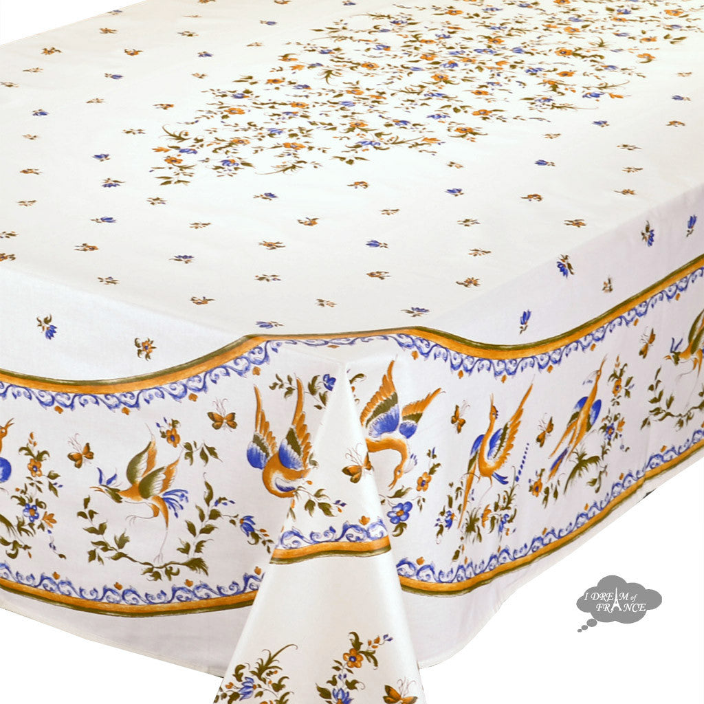 60x 96" Rectangular Moustiers Blue & Cream Acrylic-Coated Cotton Tablecloth by Tissus Toselli
