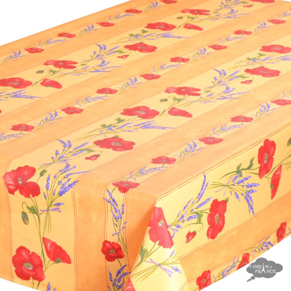 58" Square Poppies Yellow Acrylic-Coated Cotton Tablecloth by Tissus Toselli