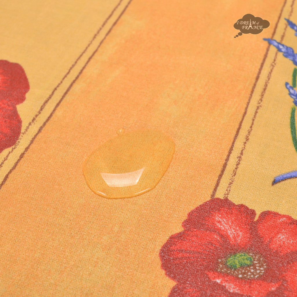 58" Square Poppies Yellow Acrylic-Coated Cotton Tablecloth by Tissus Toselli
